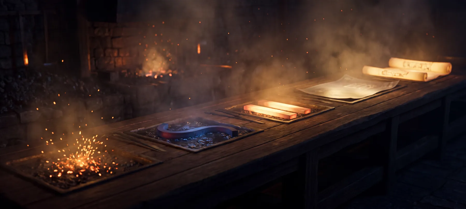 The forge bench: five glowing stations left to right, strike, temper, compare, plan, and carry.